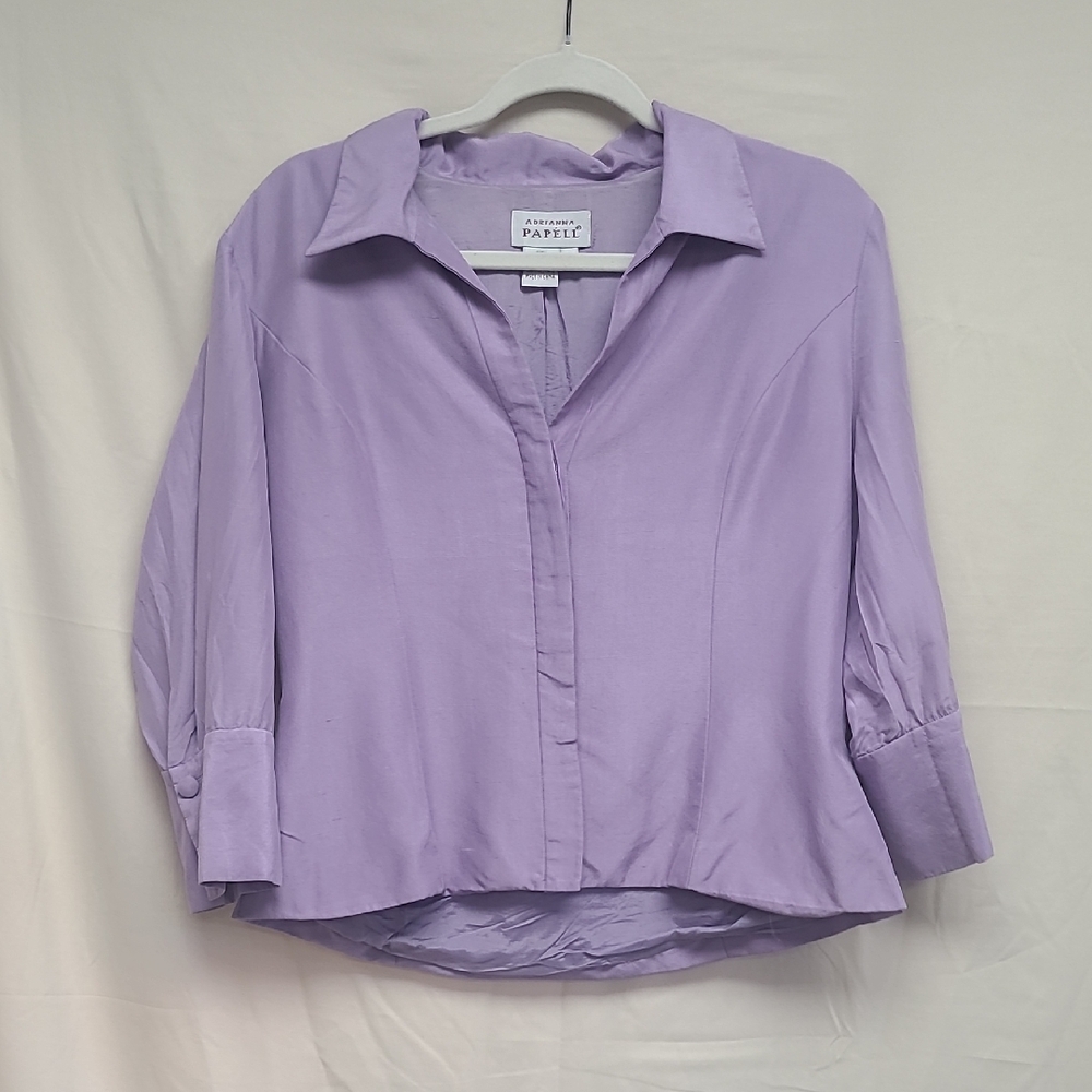 Adrianna Papell 100% Silk Lavender Blouse 3/4 Sleeve Hidden Button Womens 10